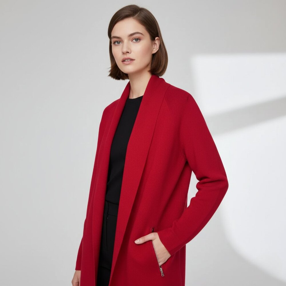 Talbots Womens Large Open Merino Wool Red Long Cardigan